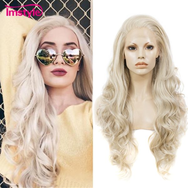 Imstyle Ash Blonde dentelle avant perruque cheveux synthétiques longues perruques ondulées pour les femmes sans colle haute température Fiber naturelle cheveux perruques
